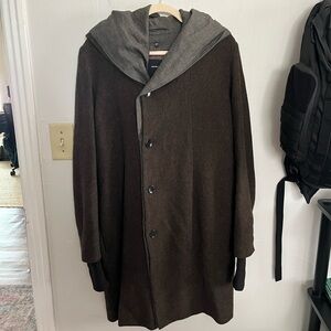 Pas de Calais Wool Sz L Hooded Long Coat winter dark brown
